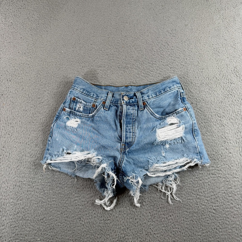 Levis 501 Shorts Womens 26 Blue Denim Distressed High Rise Cut Off Raw Hem